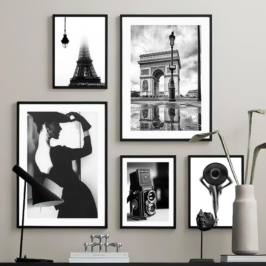 Obraz na plátně Paříž ručník Arch of Triumph Historické auto Černá Bílá Plakáty a obrazy Obraz na zeď Dekor do obývacího pokoje