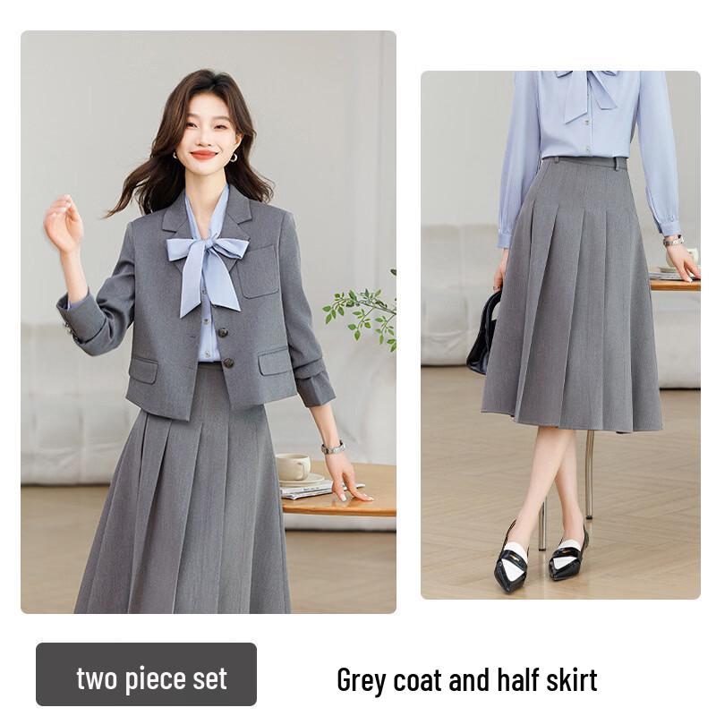 Women s Grey Suit Set with Skirt and Blue Shirt