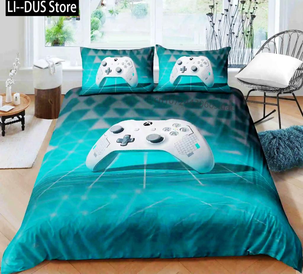 Set de lenjerie de pat pentru gamer pentru dormitor, moale, modern, cu gamepad, cuverturi confortabile pentru copii, husă de plapumă, husă de pilotă cu jocuri video și față de pernă