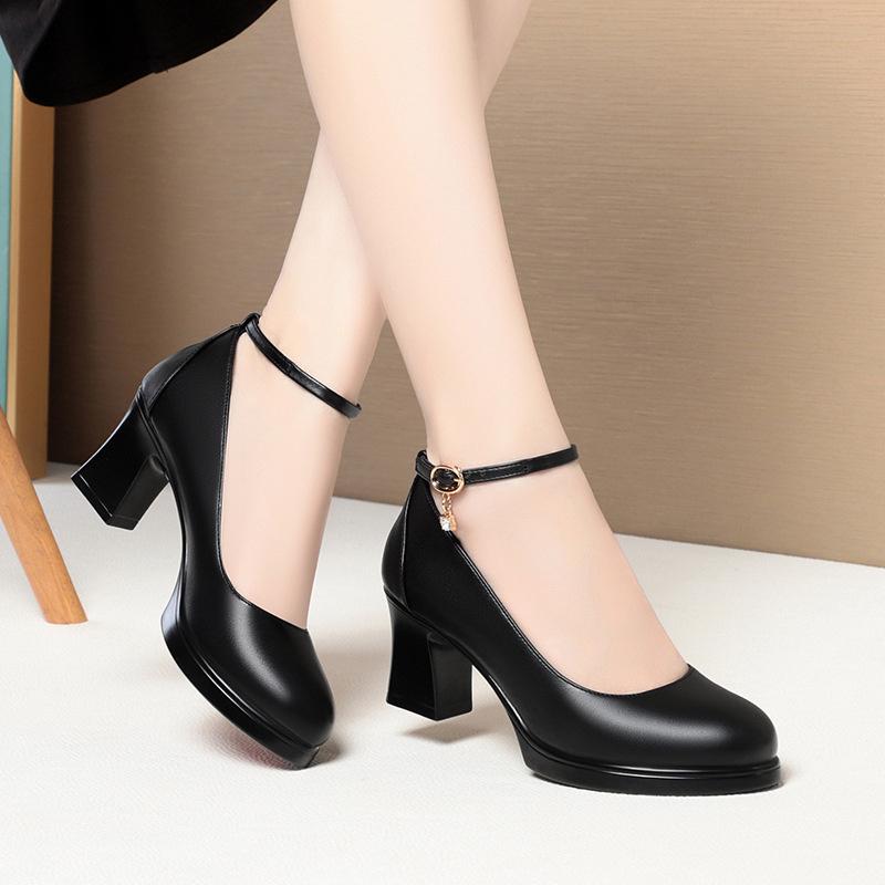 Fashion Middle-Aged And Elderly Model Catwalk Shoes High Heels One-Button Comfortable Mother Single Shoes Leather Dress Autumn Elegant