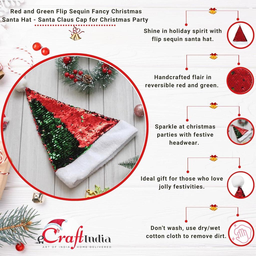 Red Green Flip Sequin Fancy Merry Christmas Hat | Santa Claus Cap for Kids Babies Adults | Free Size XMAS Cap Santa Claus Hat