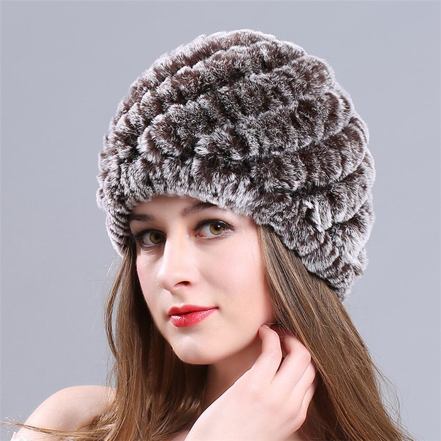 New Knitted Rabbit Fur Spiral Hat for Elderly Women Winter Thick Warm Pineapple Hat