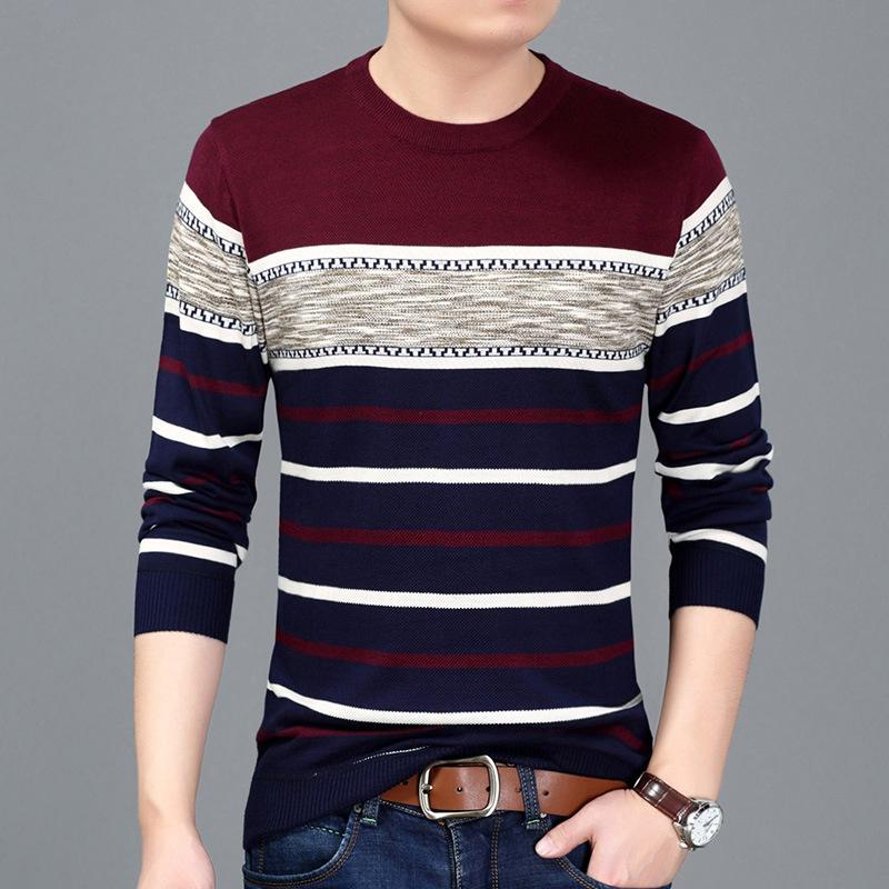 

Men Pullover Long-sleeved Warm Sweater Round Neck Striped Pullover Soft and Comfortable Shirt 3XL