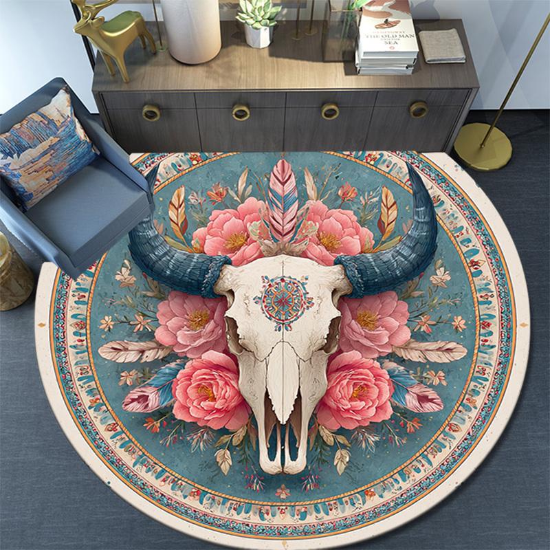 Bohemian Buffalo Skull Round Area Rug,Carpet Rug for Living Room Bedroom Sofa Playroom Decor,Non-slip Floor Mat