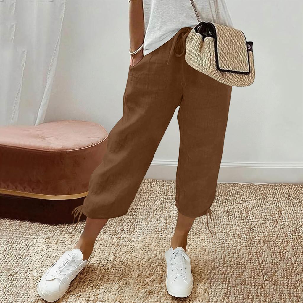 Women Loose Cotton Linen Drawstring Solid Pocket Casual Capri Pants