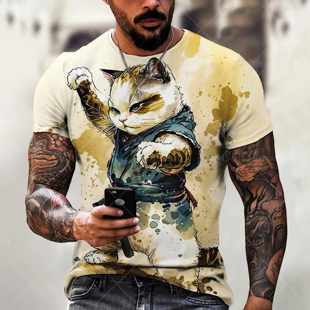 Men's T Shirts Japanese Samurai Cat Printed T-Shirt Funny 3D Animal Graphic T-Shirts  Casual O-neck Loose Tops Short Sleeve Tee