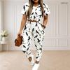 Women Plus Size White Printed Round Neck Short Sleeve Crop Top Drawstring Cuffed Pants Two Piece Set