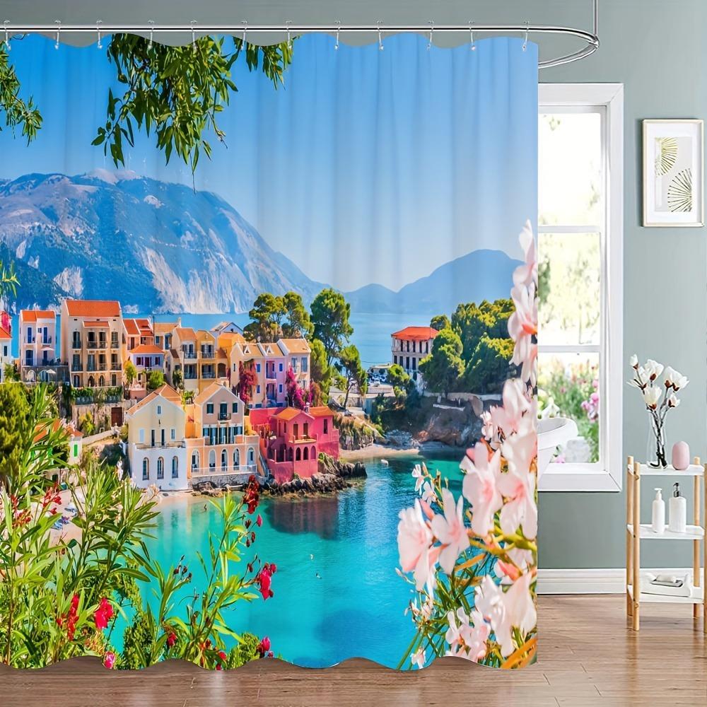 

Town Architectural Landscape Washable Dirt-Resistant Shower Curtain Shower Head Waterproof Polyester Bath Curtain For Home Decor W60H190(CM)-1 Pcs