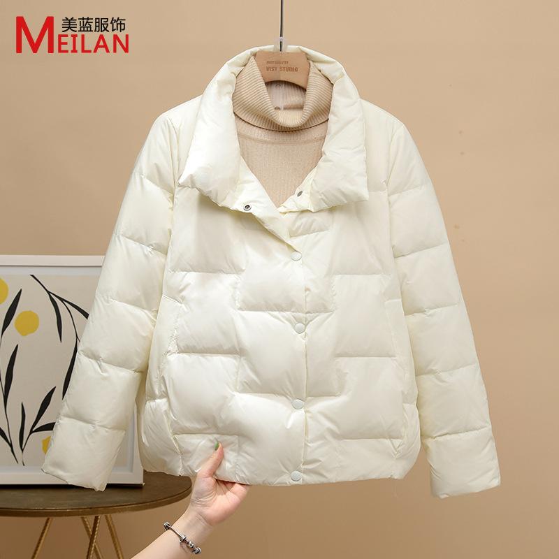 

Осень и зима новая легкая пуховая куртка женская короткая ультралегкая модная легкая тонкая большого размера свободная куртка тренд L слоновая кость