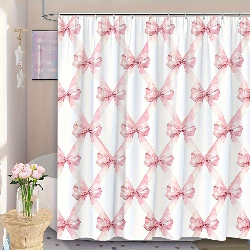 1Pc Pink Princess Bow Shower Curtain - Cute Cartoon Design, Polyester, Valentine'S Day Decor, 12 Hooks, Washable