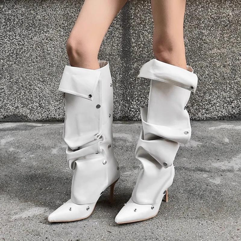Sexy Pointed Toe High Heel Denim Y2K Long Boots Women  Winter Punk Black Knee High Boots Metal Decoration Designer Shoes