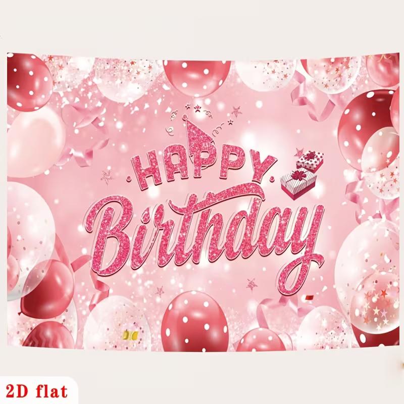 2D Pink Glitter Happy Birthday Backdrop with Polka Dot Balloons Photo Booth Banner