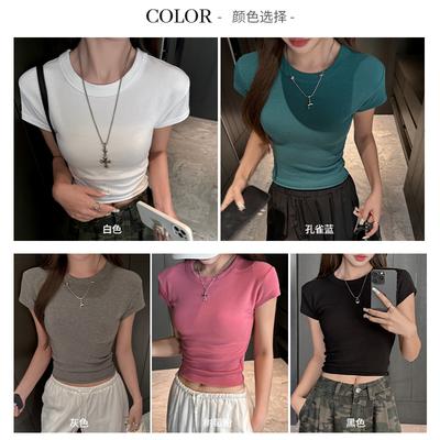 Summer New Solid Color Round Neck Pure Desire Style Spice Girl Short-sleeved T-shirt Women's Sexy Versatile Can Wear Short Top