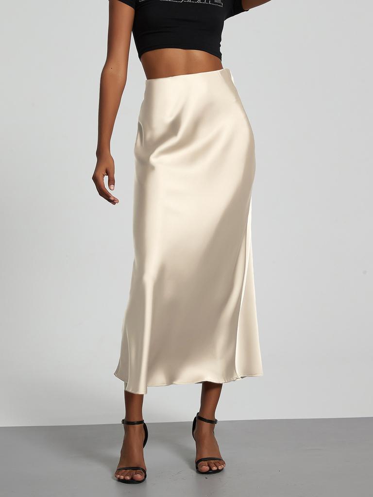 Women's Clothing Elegant Satin Midi Skirt Slim Fit High-Waisted Dress