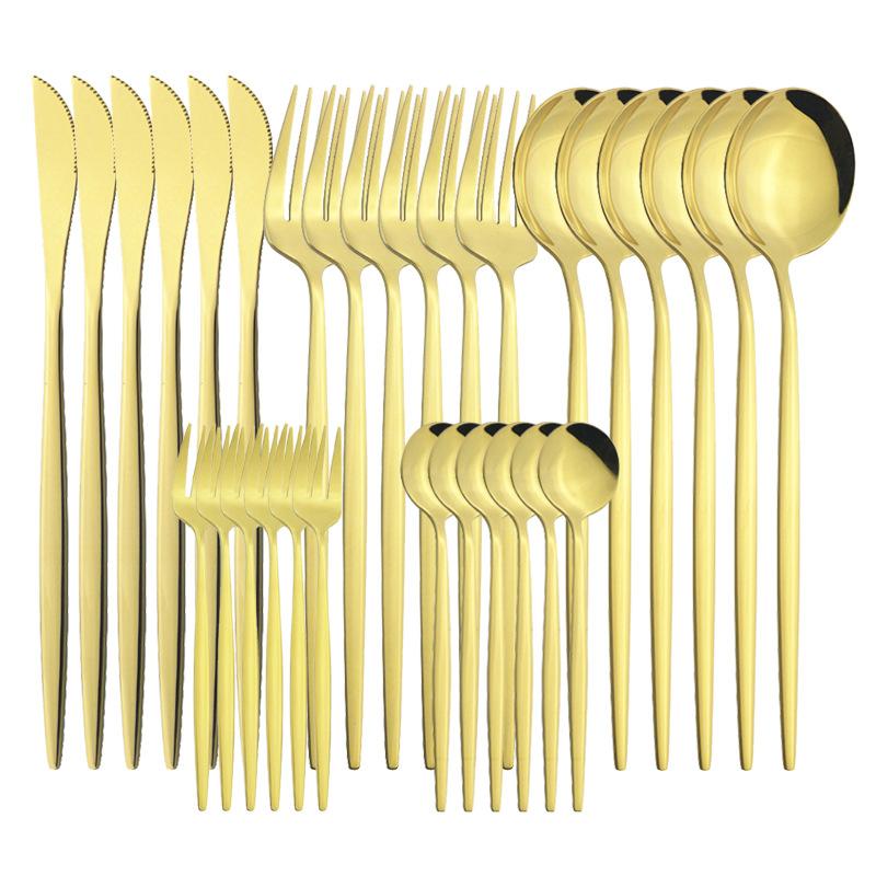 30Pcs Matte Gold Black Handle Tableware Set Stainless Steel Dinnerware Knife Fork Spoon Western Flatware Wedding Cutlery Set