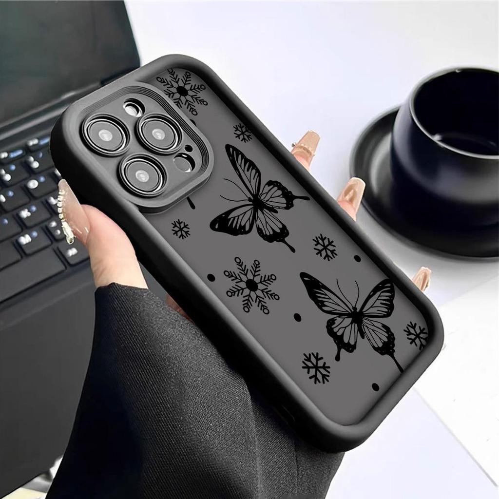 Black Butterfly Diamond Sand iPhone 15/16/17 Case with Sky Eye Groove Protection