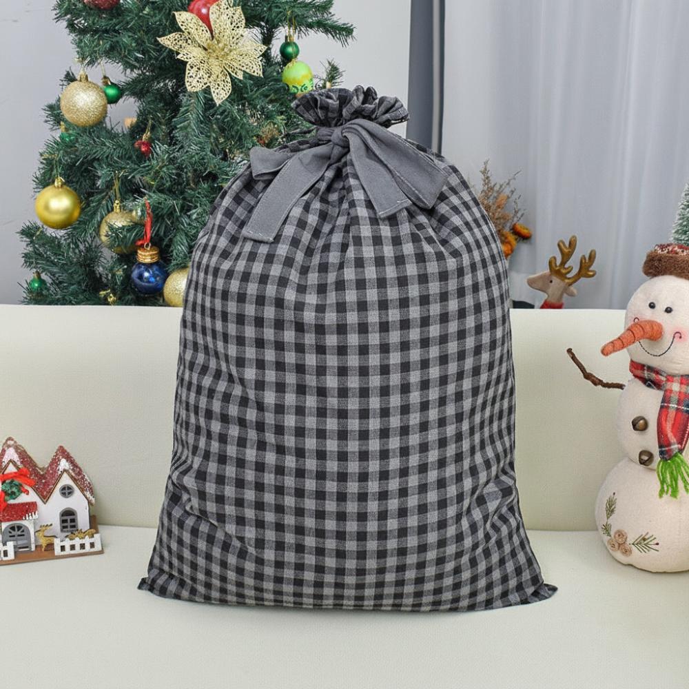 Plaid Pattern Christmas Santa Sack Drawstring Closure Reusable Drawstring Christmas Sack Wide Opening Christmas Present Bag