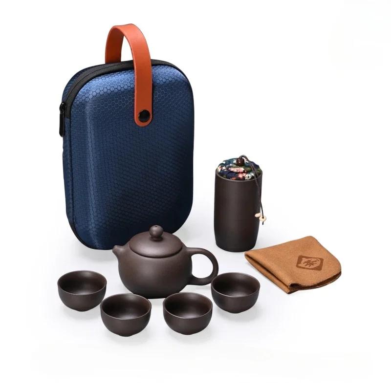 Tragbares chinesisches Reise-Teeset, Teekannen-Tonset, Teezeremonie, Camping, 4 Tassen, Zi Shi, Ke-Tasse, Teekannenset