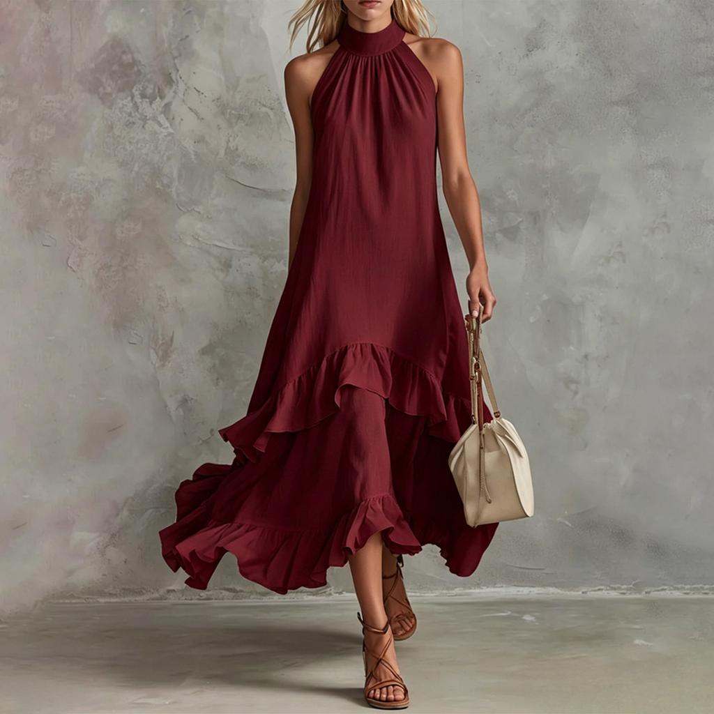 Women's Summer Retro Elegant Casual Round Neck Sleeveless Ruffled Midi Beach Dress