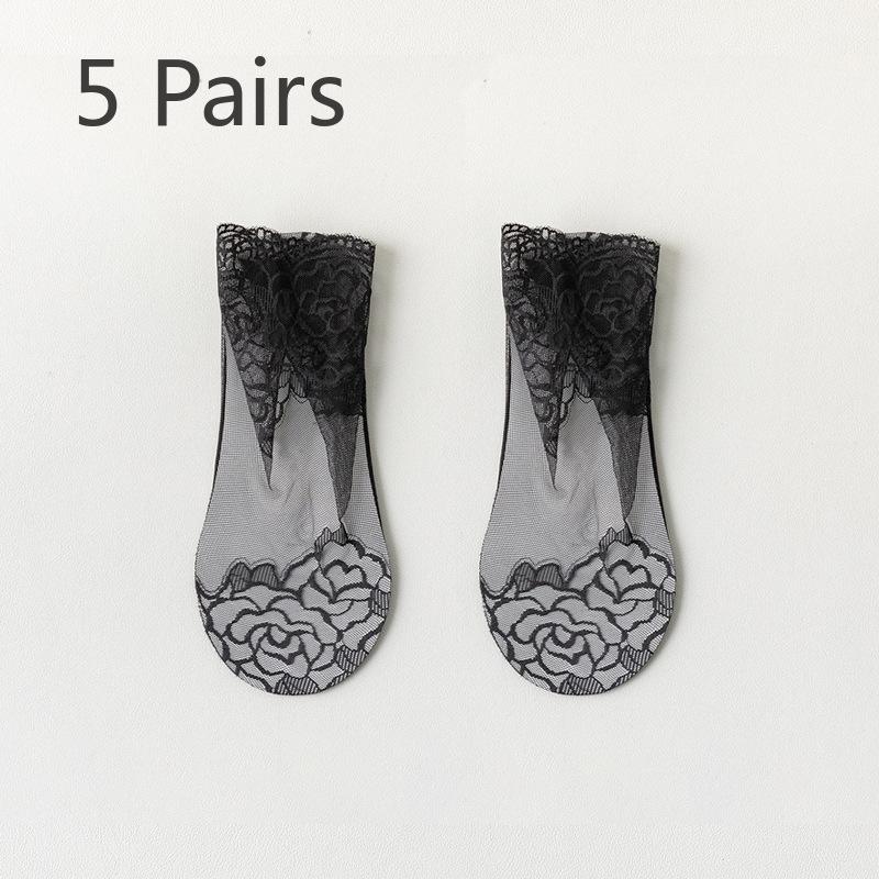 5 Pairs Summer Hollowed-out Lace Invisible Boat Socks with Women's Shallow Cut Non-slip Socks