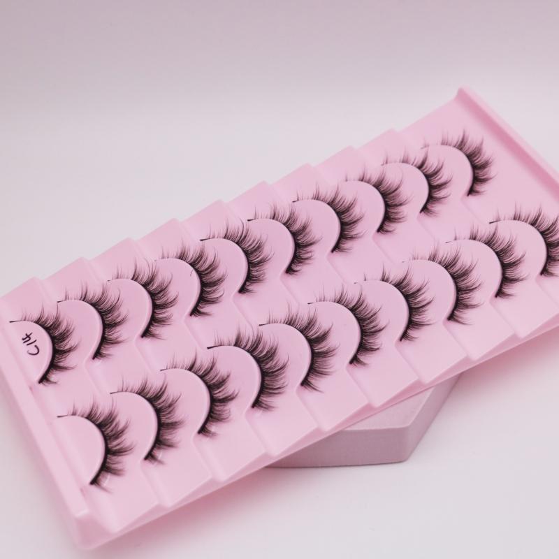 Low Price Glitter Lashes Natural Fluffy Half Lashes Faux Mink Korean Pbt Fiber 10 Pairs 12mm Mink Eyelashes