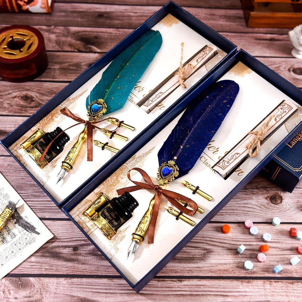 Blue Box Feather Gem Fountain Pen Gift Set: Original High-Value Calligraphy Practice Turkey Heart Dip Pen.