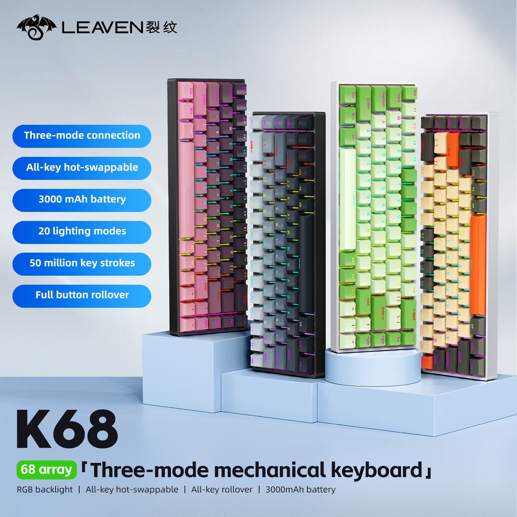 Customizable 68-Key RBG Backlit Wired Mechanical Keyboard 2.4G+BT Hot Swappable Low Profile Plastic Keys for Gaming Computer