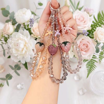 Bling Mobile Phone Chain Pink Strawberry Phone Lanyard Beaded Phone Bracelet  Hand-Held Wrist