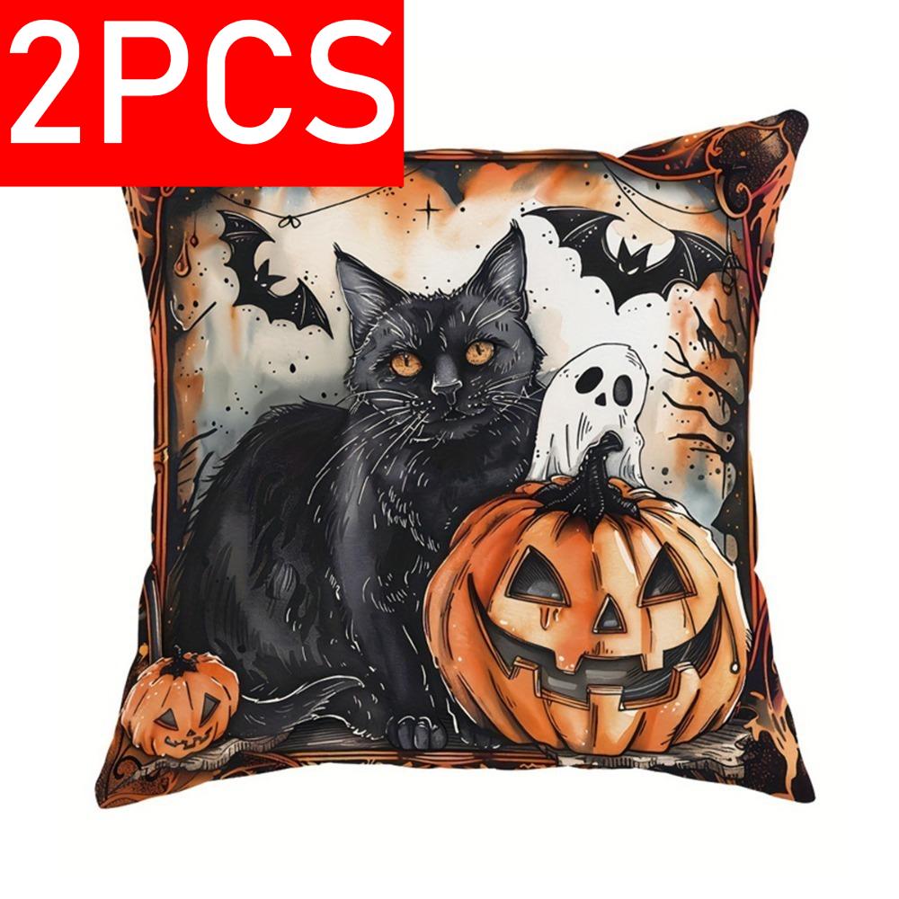 2PCS Halloween Best-Seller Pillow Cover - 45x45cm Polyester, Hand-Wash, Cat/Pumpkin Print