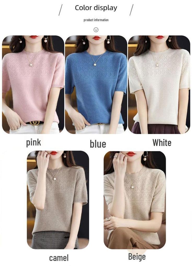 High-Quality Ice Silk Knitwear Summer Hollow Out T-Shirt - Round Neck, Loose Fit, Thin, Stylish, and Versatile.