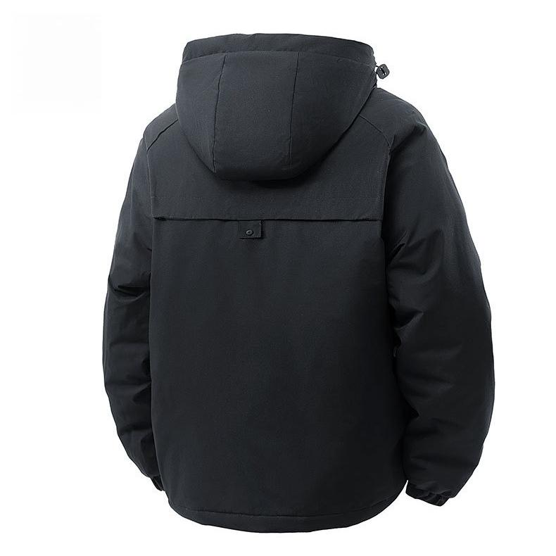 Men's Down Jacket with Fleece Autumn and Winter Hooded Down Jacket Solid Color Waterproof Thin and Windproof Coat