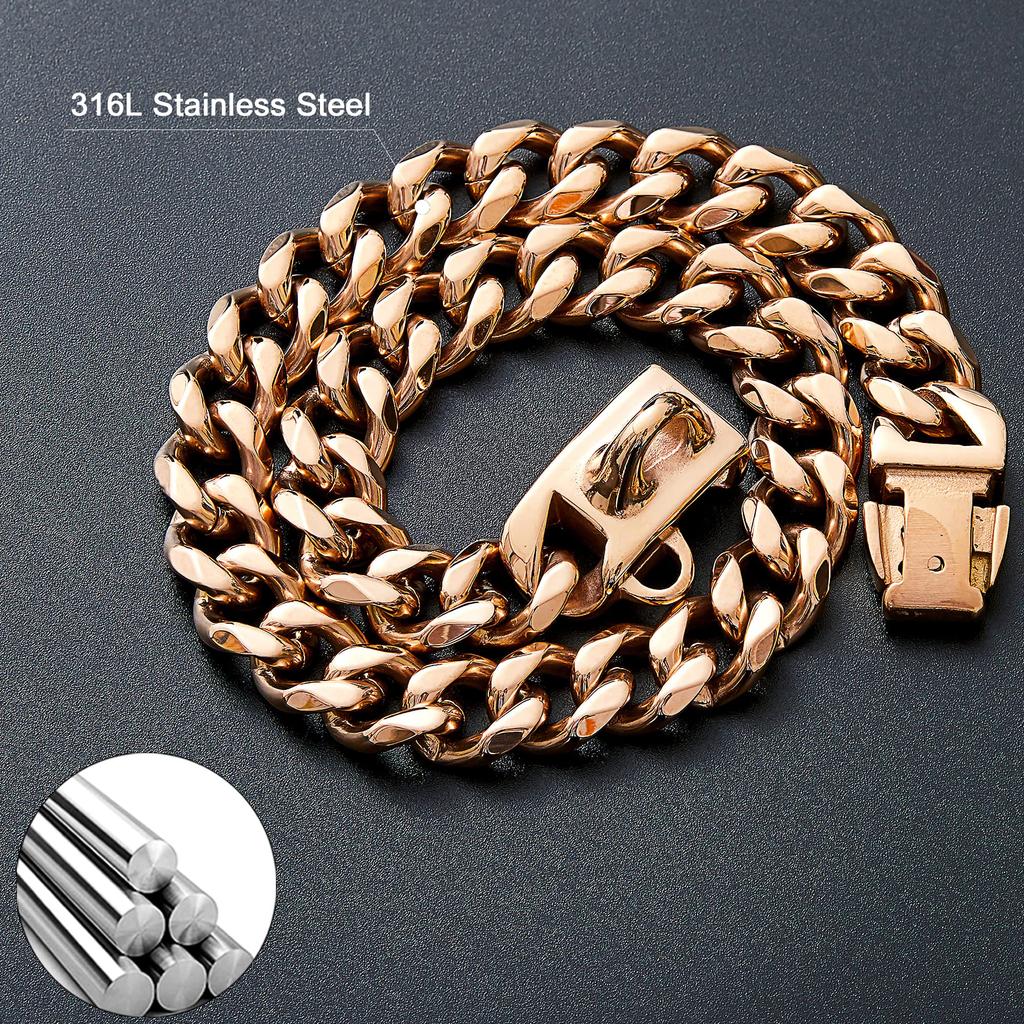 19MM Chew Proof Stainless Steel Gold Dog Chain Collar with Solid Buckle Pet Chains Collars for Large Dog