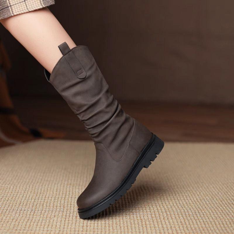 

Женские мартинсы до середины икры на плоском каблуке 2025 - Новый весенне-осенний стиль с бархатной подкладкой, идеально подходят к юбкам 40