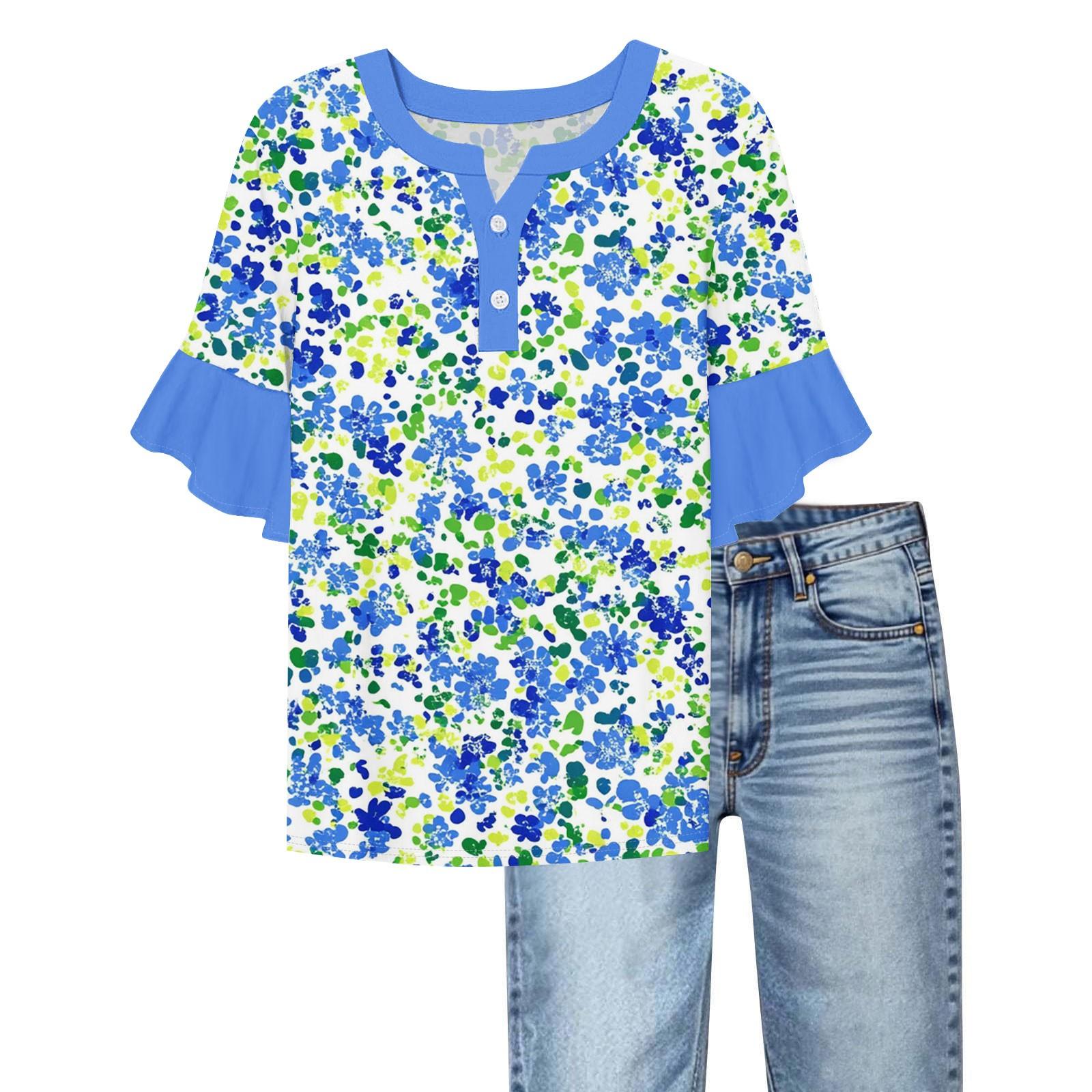Women s Casual Fashion V-neck Ruffled Sleeves Loose Versatile Color Short Sleeves L