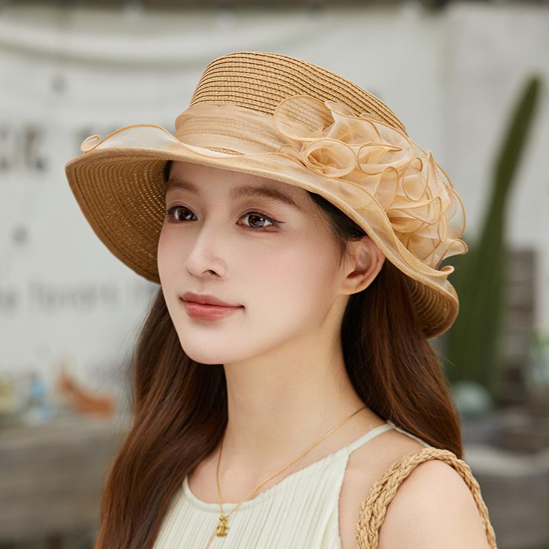 2026 NEW Summer Fashion Flowers Fascinator Hats Wide Brim Party Flat Topped Straw Hat For Women Elegant UV Resistant Sun Hat