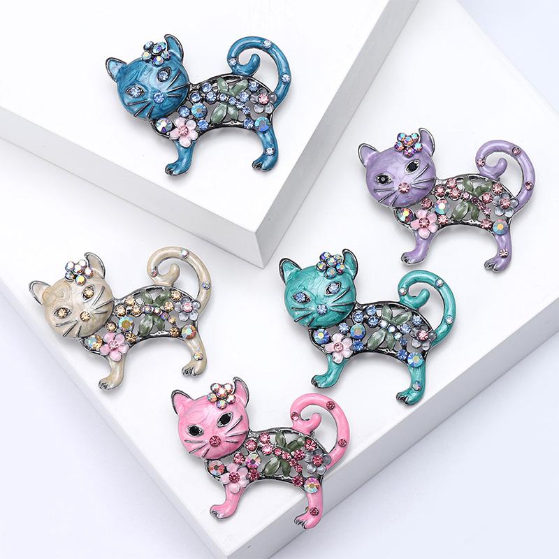 1pc Metal Women Enamel Casual Flower Animal Gifts Rhinestone Brooch Pins Cat Brooches