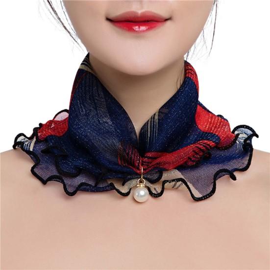 Scarf Painting Print Imitation Pearl Durable Ruffle Edge Lady Headscarf for Banquet