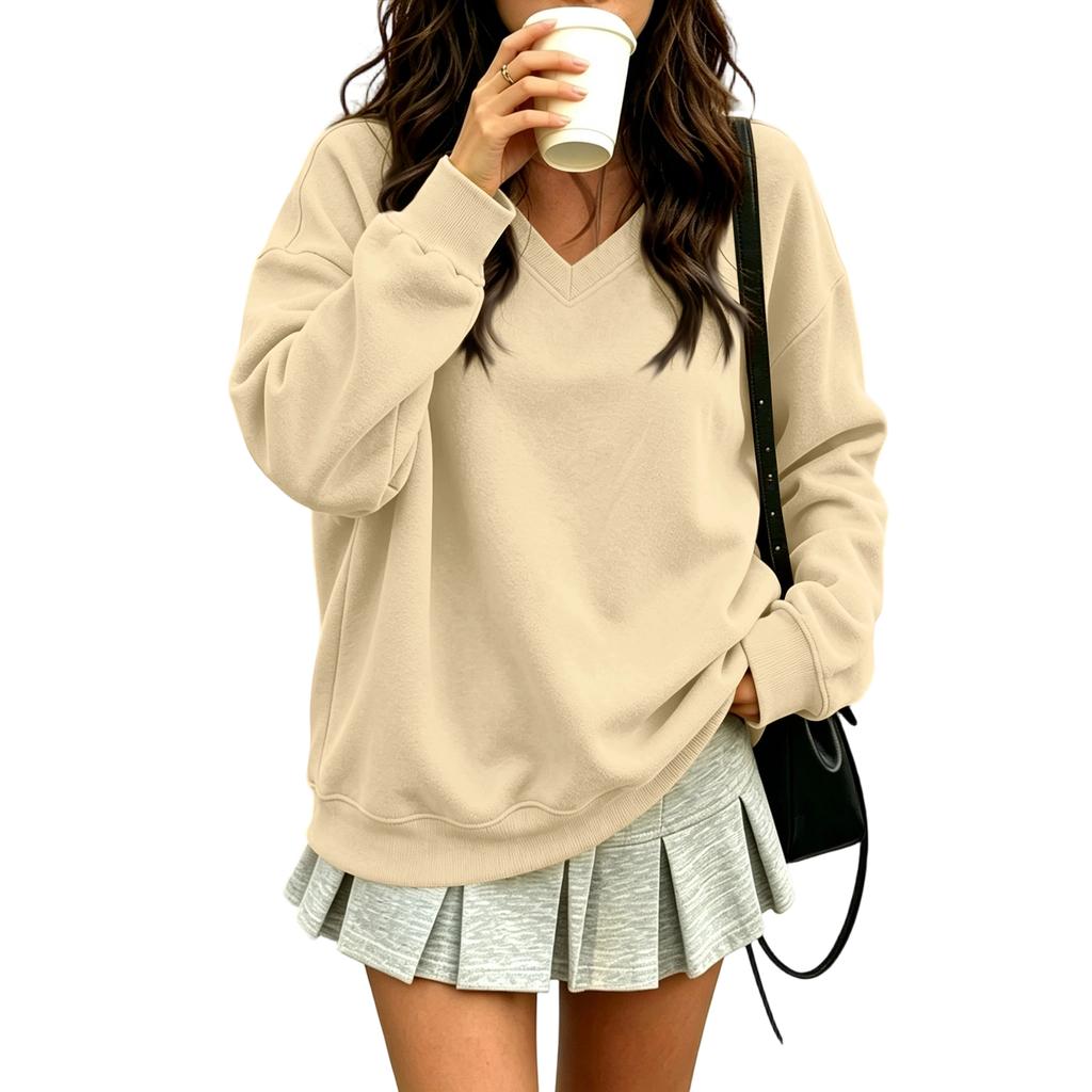 Women's V-Neck Long Sleeve Sweatshirt Color Casual Pullover for Everyday Wear