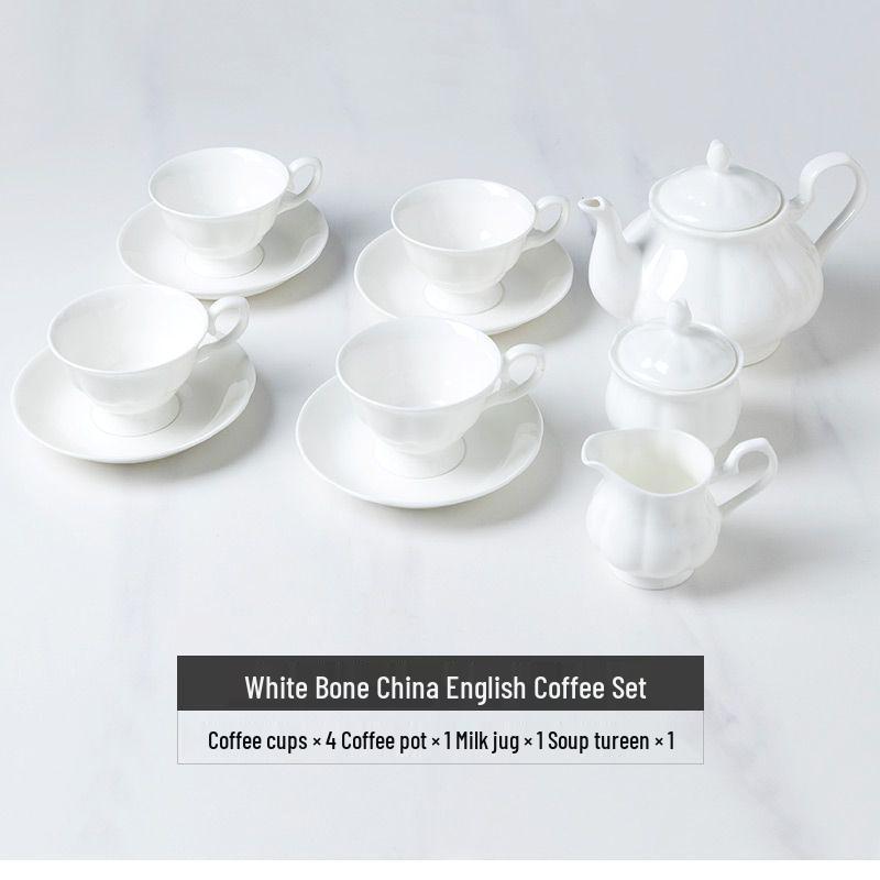 English Style White Ceramic Coffee Set: 7-Piece Bone China Cup, Pot, Saucer & Spoon.
