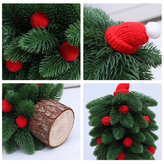 Tabletop Mini Christmas Tree Small Artificial Pine Tree with Wooden Base And Red Balls for Indoor Home Kitchen Dining Table Decor