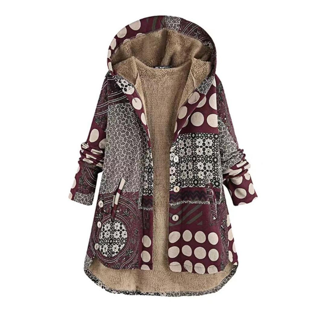 Winter New Women's Cotton Linen Printed Hoodie Warm Fleece Coat In Stock