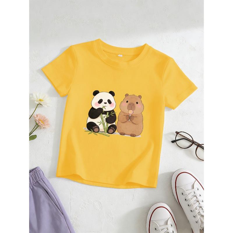 European Sizes Girls' Short-Sleeve Capybara Panda T-Shirt, Kids' Crew Neck Breathable Skin-Friendly Top, Korean Style Ins-Inspired Wrinkle-Resistant