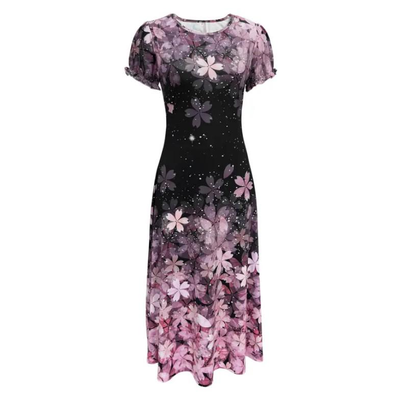 Kleid mit Rundhalsausschnitt und Blumendruck, elegantes Maxikleid mit kurzen Ärmeln für Frühling und Sommer, Damenbekleidung