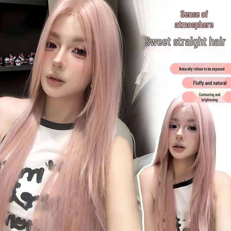 Korean Style Pink Y2K Wig: Long, Straight, Layered, Fashionable & Natural Look for Women