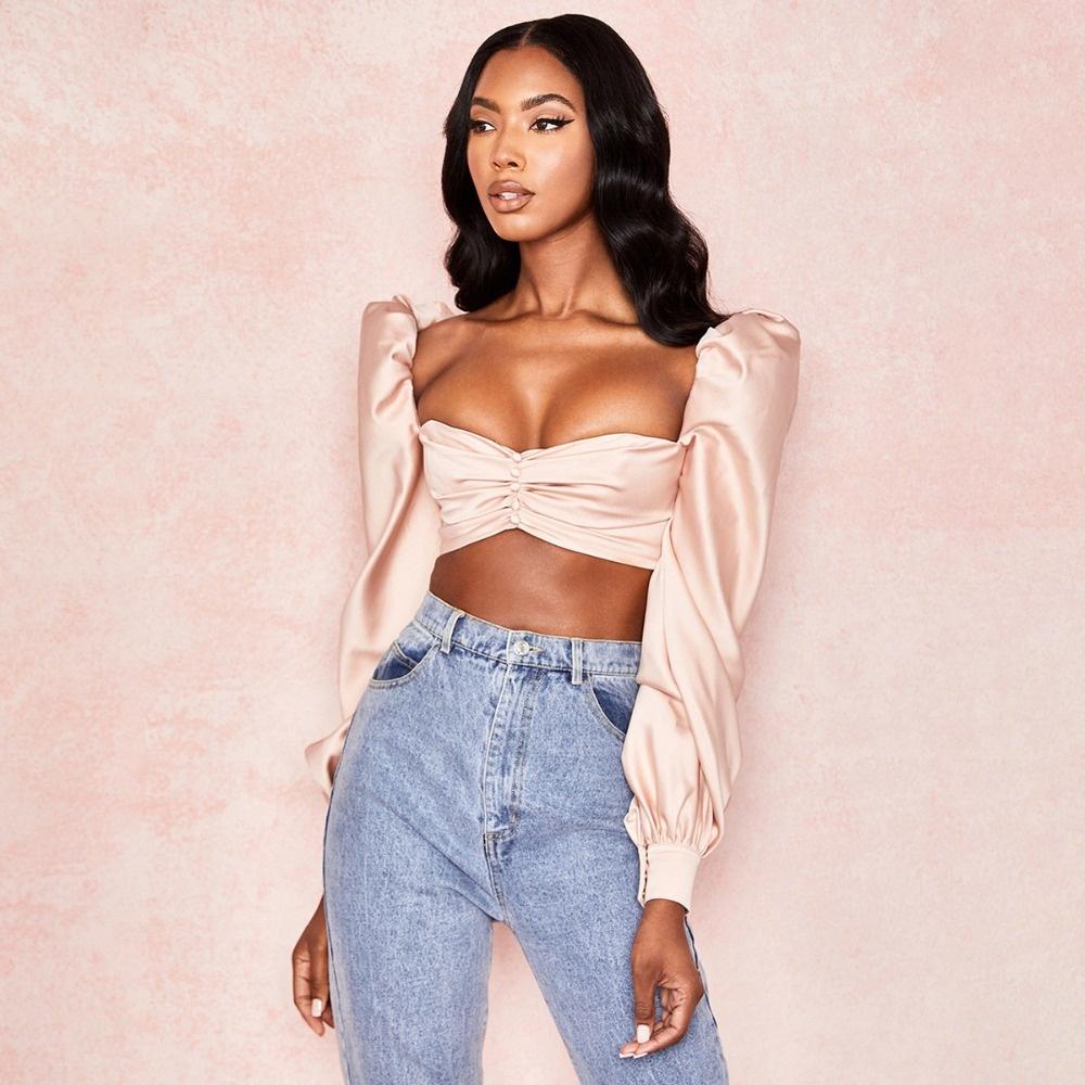 Vintage Puff Long Sleeve Blouse Shirt Crop Top Women Faux Silk Satin Square Neck Button Tops and Blouses