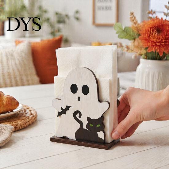 Desktop Napkin Organizer Halloween Ghost Wooden Holder, Cute Paper Towel Decorative Gift for Home Stand, Freestanding Tissue Dispenser Kitchen