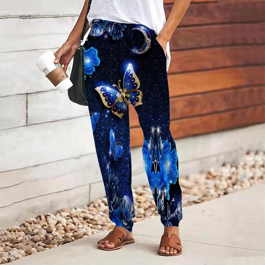 Women Butterfly Printing Pants Lace Up Elastic Waist Loose  Trousers Casual Long Pants Trousers with Pockets