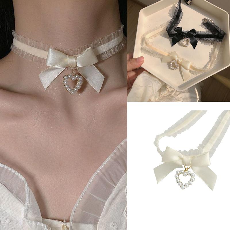Sweet Cute Collar Lolitas Handmade Vintage Lace Heart Choker For Women Gothic Bow Knot Necklace Girls Uniform Accessories