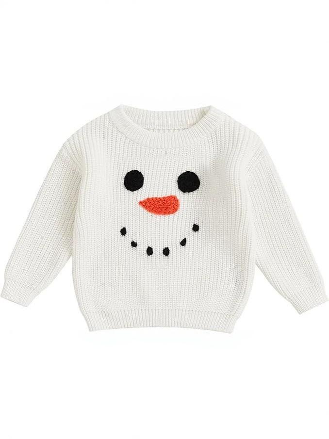 Hand-Embroidered Snowman Knit Sweater - Christmas Cotton, Long Sleeve for Baby Boy/Girl