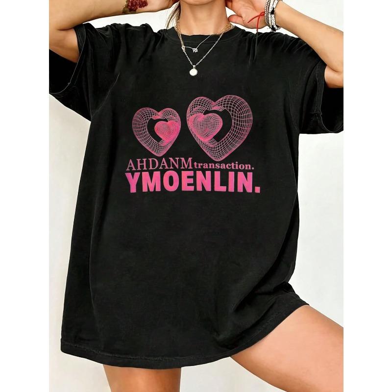 

Oversized T Shirt Black Heart Pattern And Text Ahdanm Transaction Ymoenlin Casual Wear For Women Summer Fashion Streetwear Trendy Top XXXXL чёрный